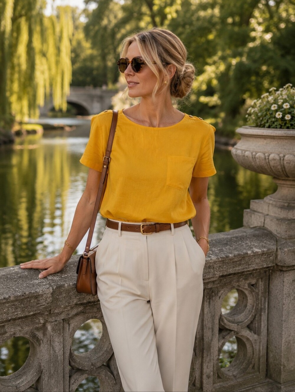 Laura & Jayne Vintage 100% Silk Women’s Short-Sleeve Yellow Pocket Blouse Size M